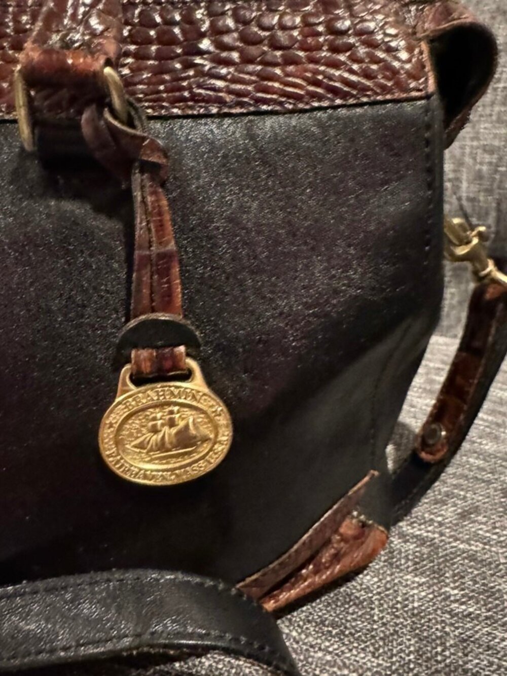 Brahmin Crandall Leather Satchel Black Brown Croc Embossed Doctor Bag Vintage - Picture 12 of 16